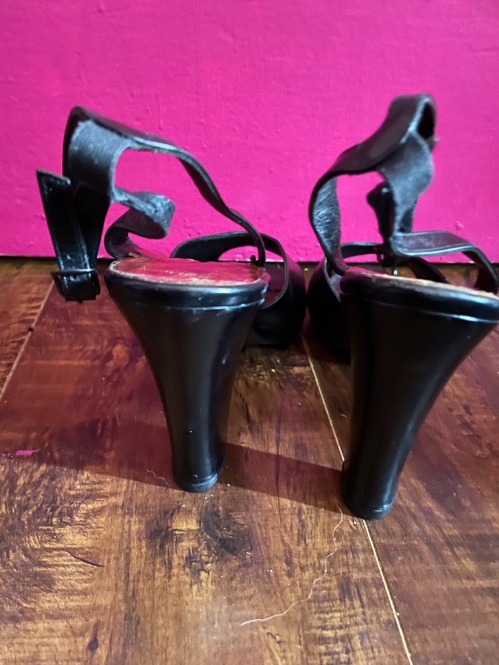 Vtg 1950’s Black leather Open-Toe Ankle-Strap Bettie Page High Heels Women 8.5 - Picture 5 of 8